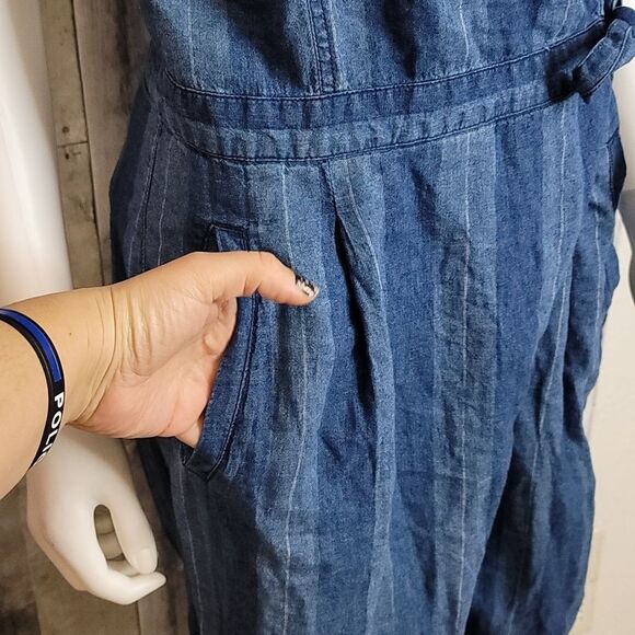 JOIE Xenia Cropped Striped Linen And Cotton-blend Wrap Jumpsuit In Ocean - Picture 6 of 14